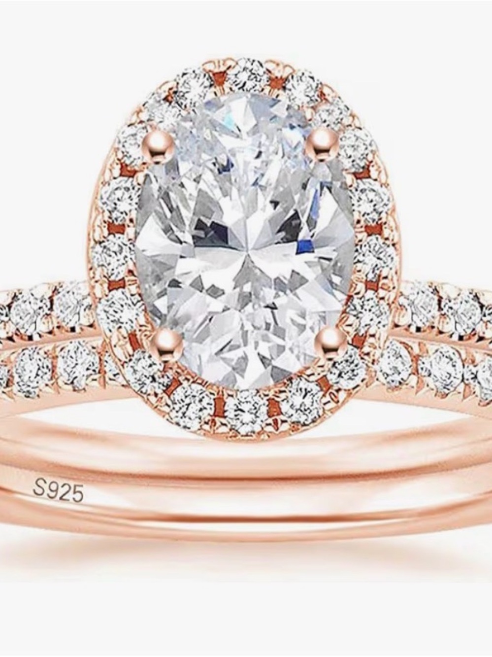 Rose Gold Oval Halo Engagement Ring with Pavé Band
